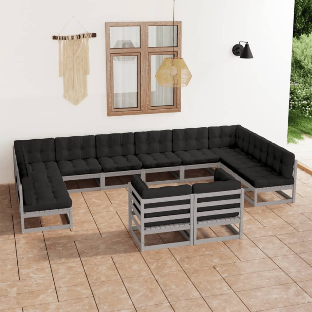 12-tlg. Garten-Lounge-Set mit Kissen Grau Kiefer Massivholz